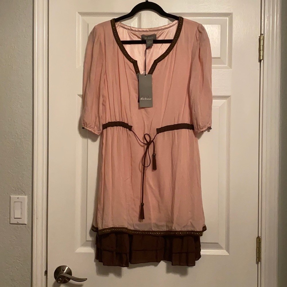 Pastel pink mini flowing dress with brown trimming size Medium